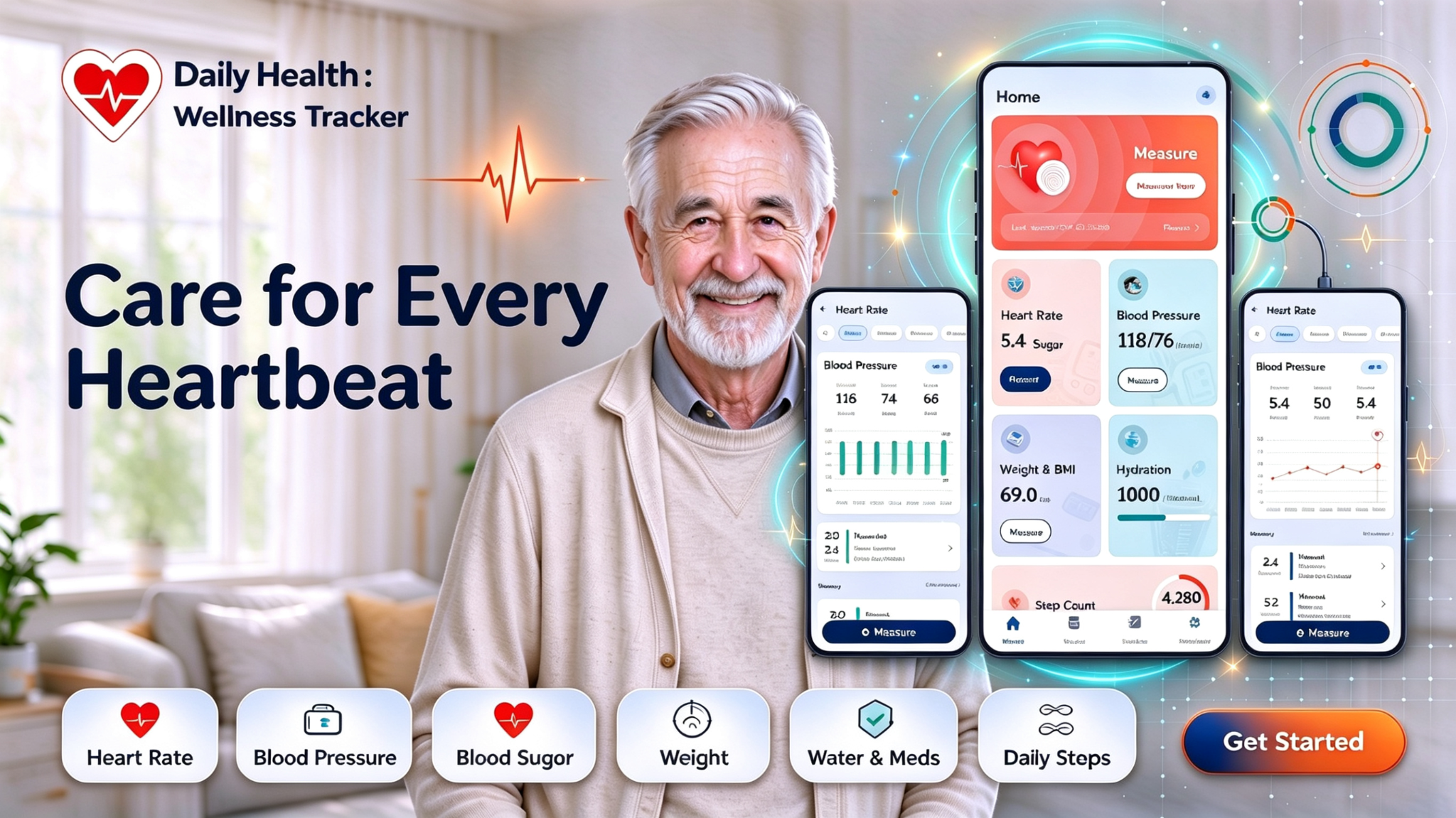 DailyHealth Wellness Tracker — Care for Every Heartbeat, with heart rate, blood pressure, blood sugar, weight, water and daily steps tracking